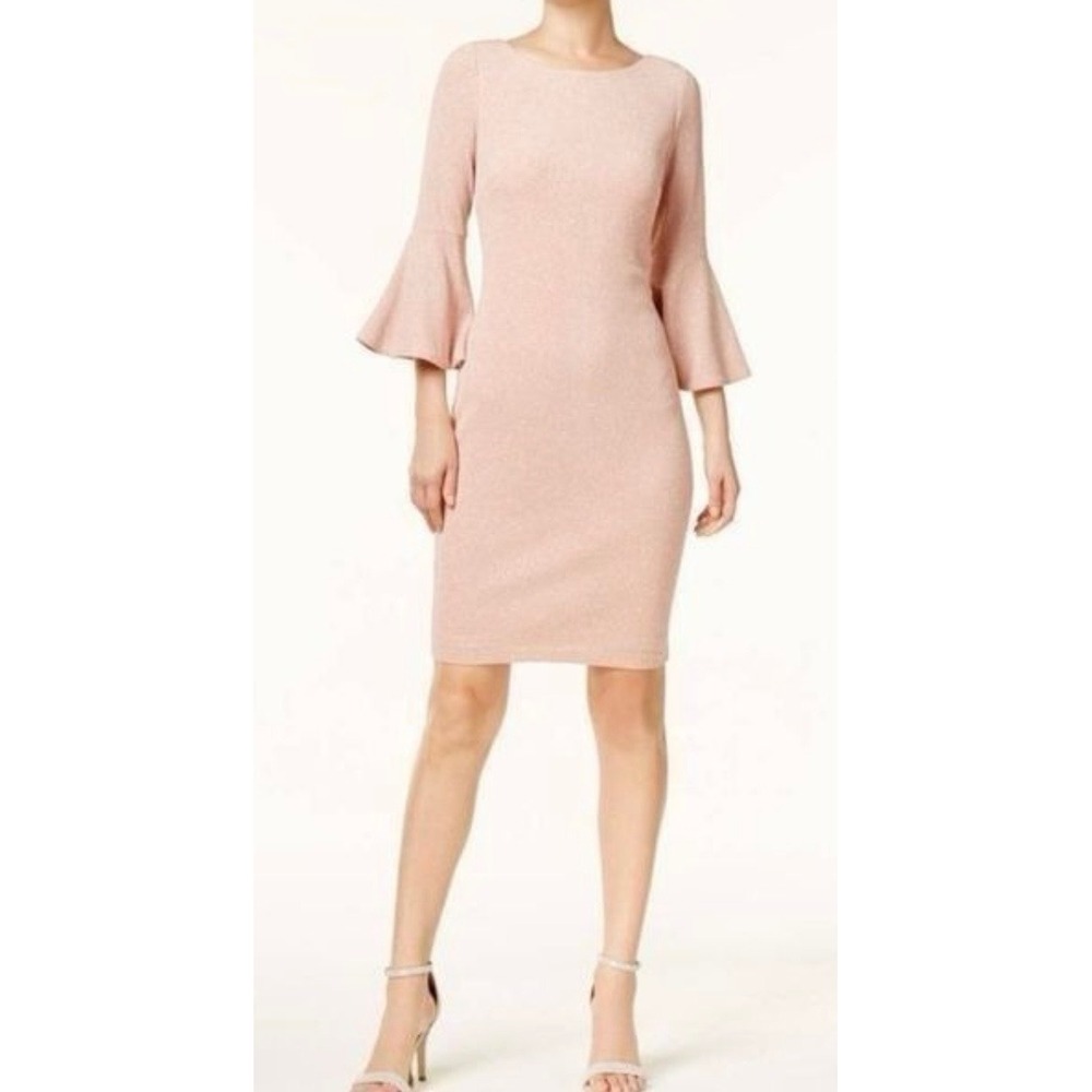 Calvin Klein Women Blush Pink‎ Bell Sleeve Sheath Dress Button Accent Size 2